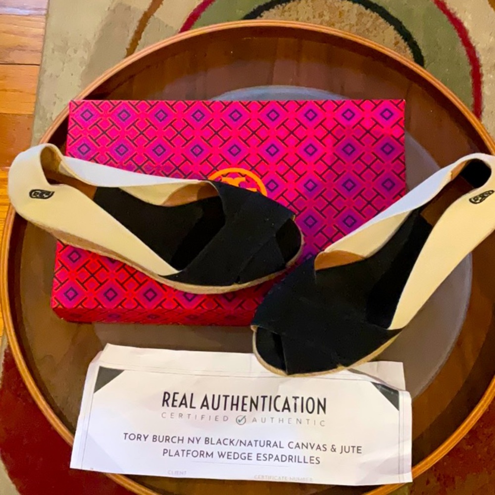 Tory Burch Black and Tan canvass & mete platform espadrilles 8